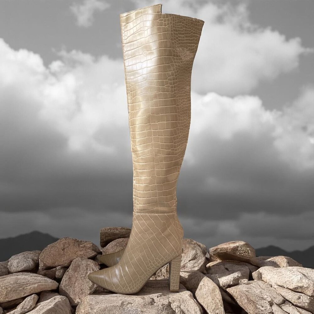 Fashion Nova Beige Croc Knee High Boots Faux Leather Block Heel Trendy Size 6